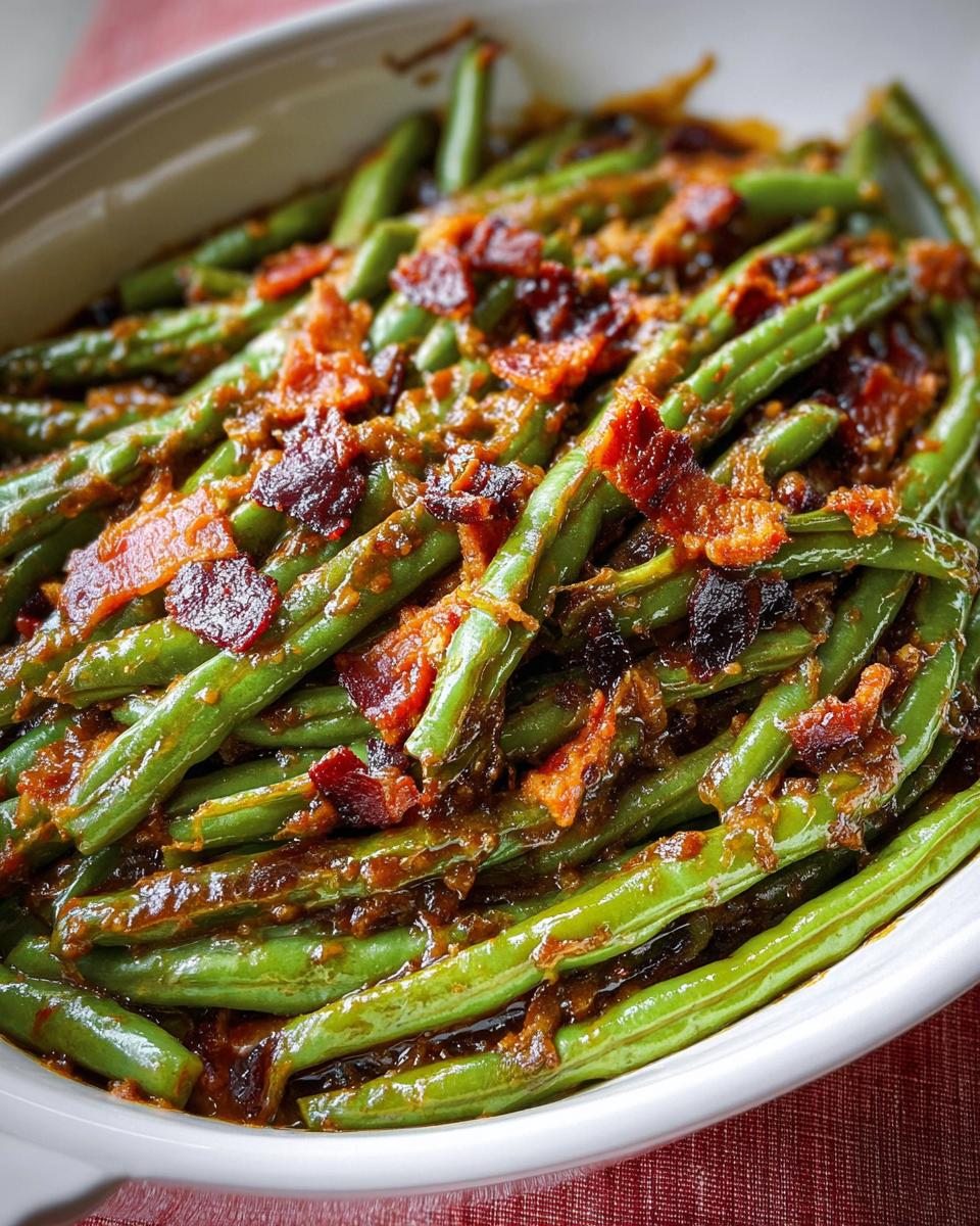Close-up of bright green beans coated in a savory sauce and topped with crispy bacon pieces, part of the 5-Ingredients Crack Green Beans recipe.