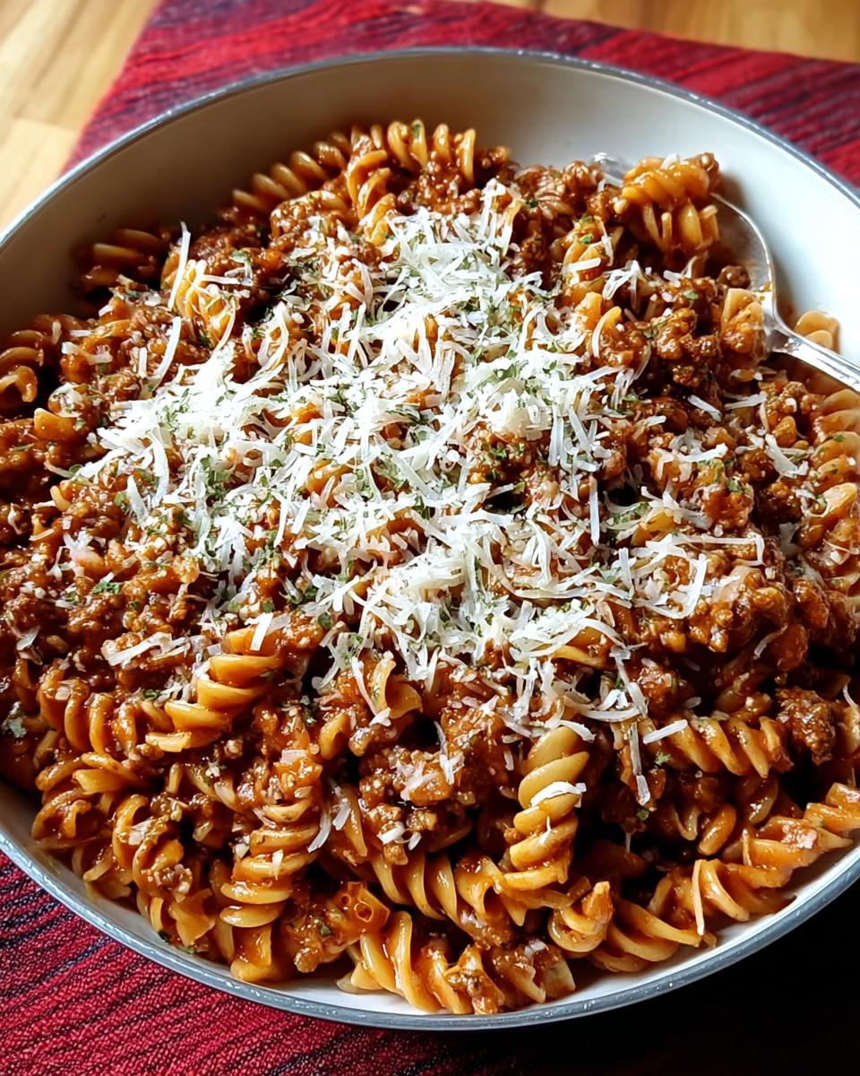 A bowl filled with rotini pasta tossed in a rich sauce with ground turkey, topped generously with shredded Parmesan cheese.