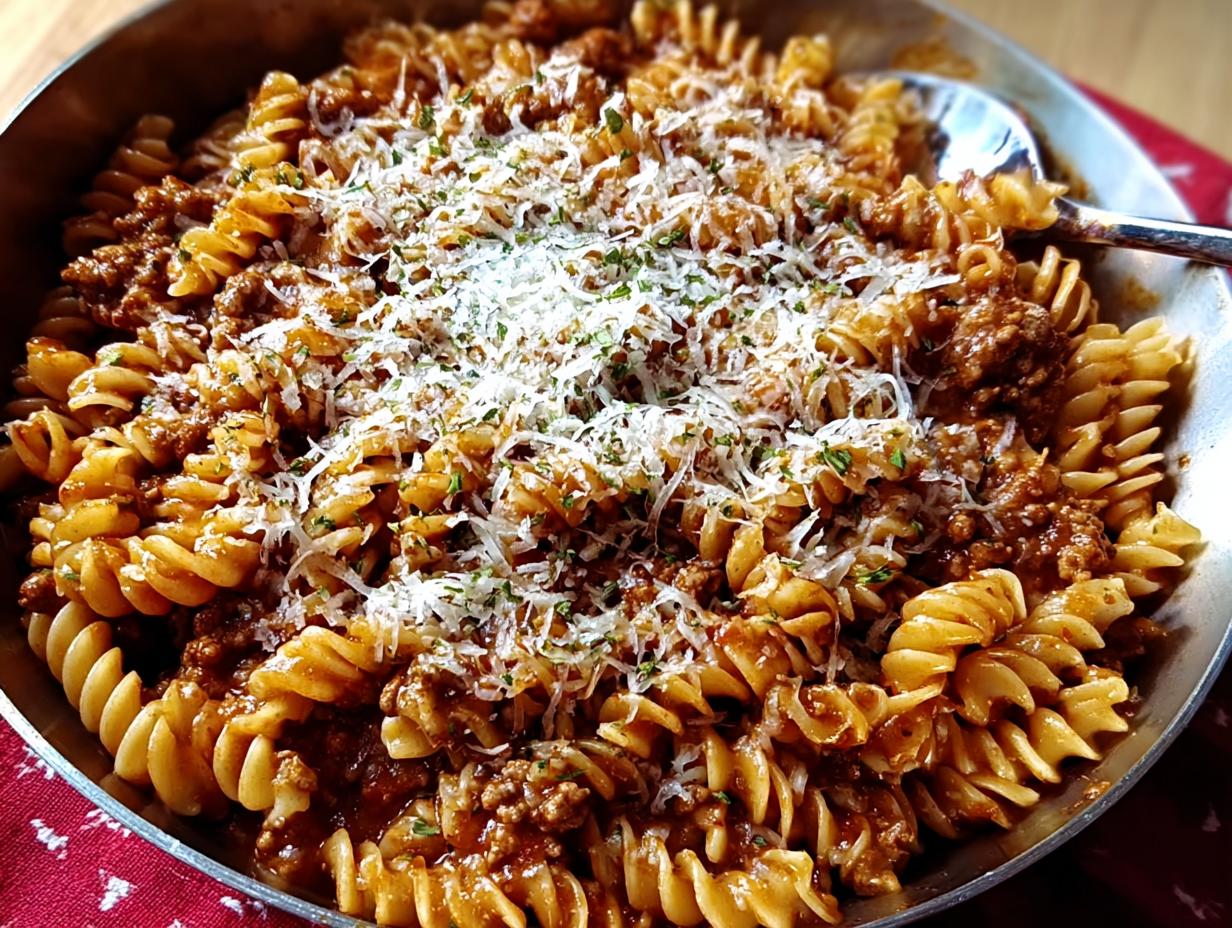 A close-up of delicious Ground Turkey Pasta made with rotini noodles, rich sauce, and topped with shredded Parmesan cheese.