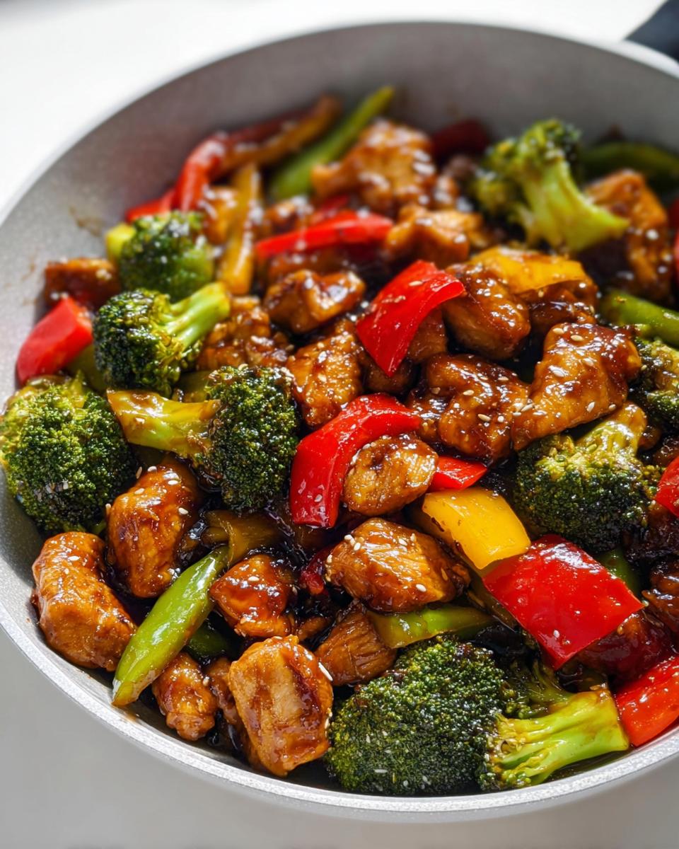 Close-up of glossy, saucy Teriyaki Chicken Stir Fry featuring chicken pieces, broccoli, and colorful bell peppers.