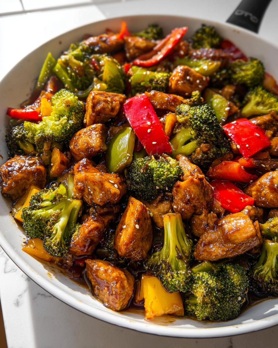 Close-up of chunks of glazed chicken and vibrant vegetables like broccoli and bell peppers in a Teriyaki Chicken Stir Fry.