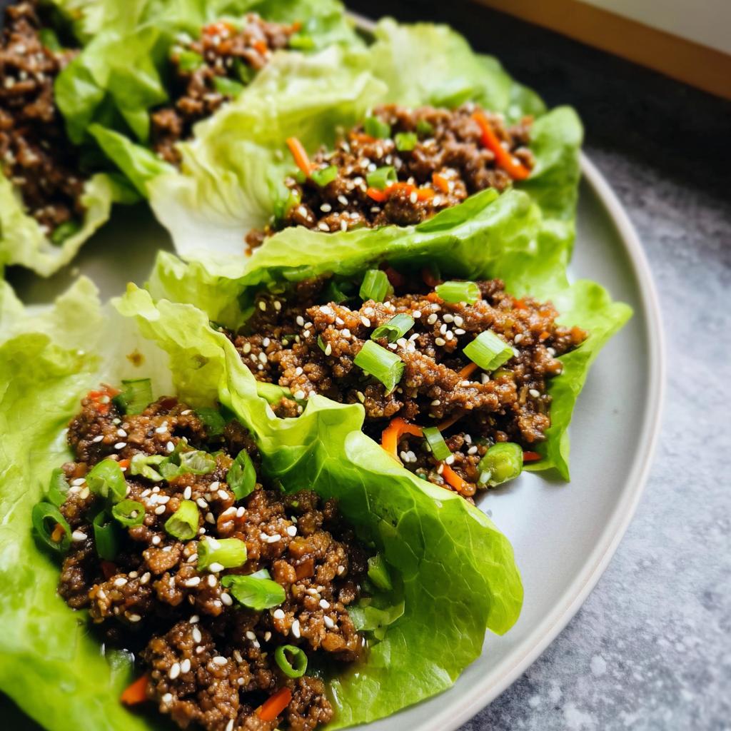 Close-up of several Asian Ground Beef Lettuce Wraps filled with savory ground meat, topped with sesame seeds and green onions.