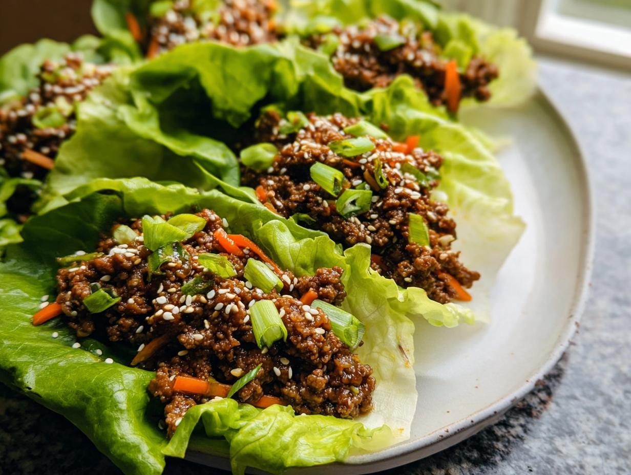 Close-up of Asian Ground Beef Lettuce Wraps filled with savory ground meat, topped with sesame seeds and green onions.