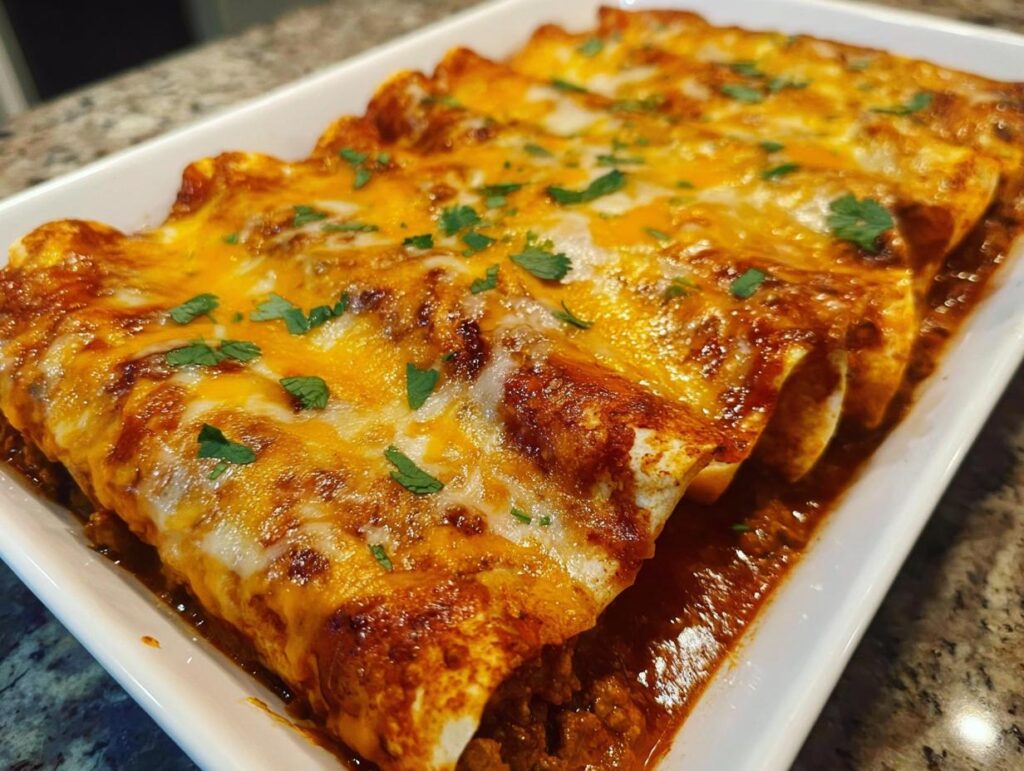 Close-up of freshly baked cheesy beef enchiladas covered in melted orange and white cheese and cilantro.
