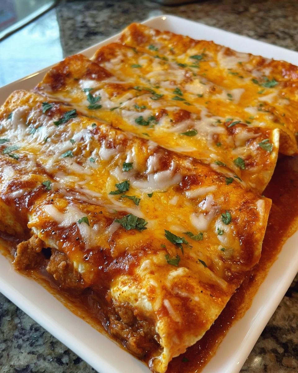 Close-up of three delicious Baked Cheesy Beef Enchiladas covered in melted cheddar and Monterey Jack cheese.