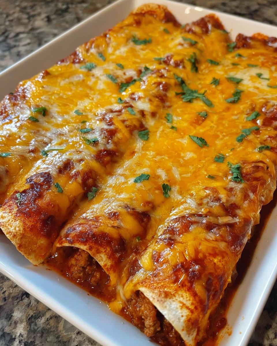 Close-up of freshly baked cheesy beef enchiladas covered in melted cheddar and sauce, garnished with cilantro.