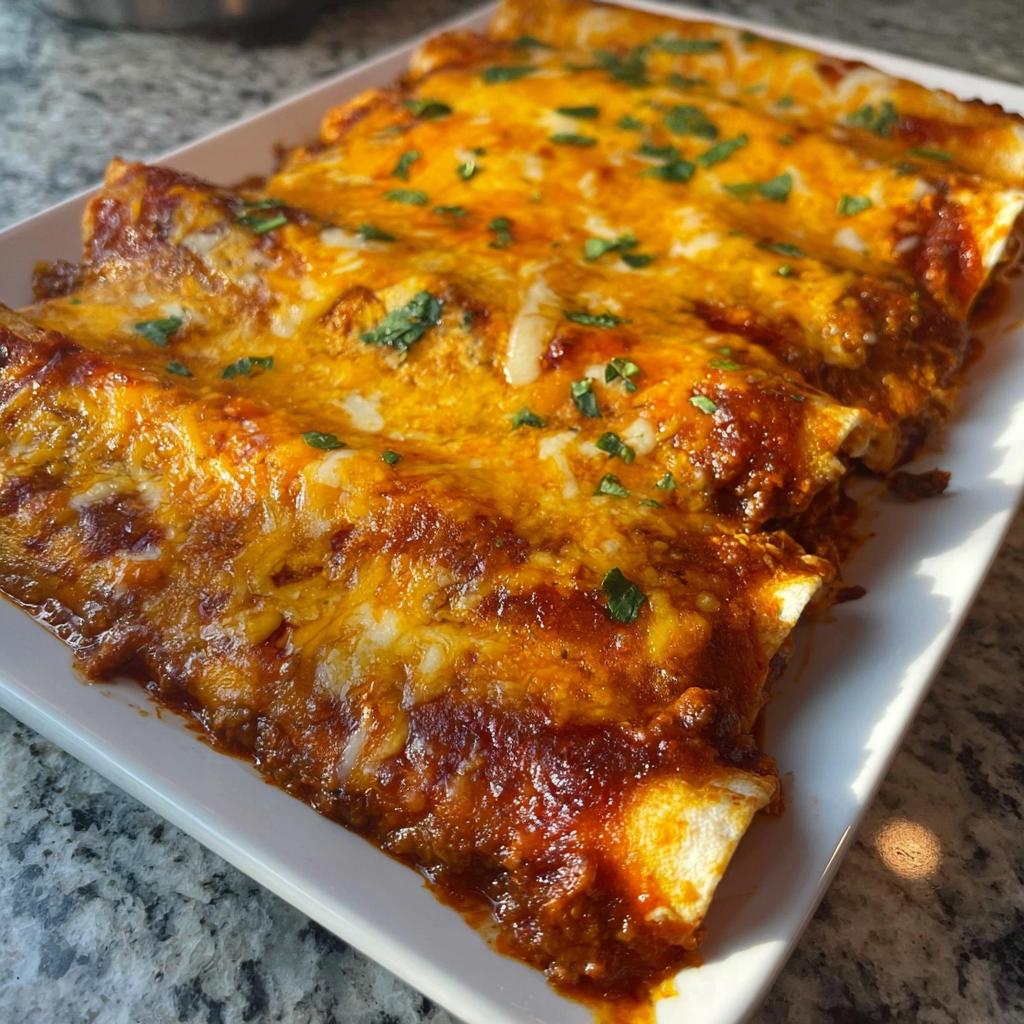 A platter of freshly baked cheesy beef enchiladas covered in melted orange cheese and red sauce, garnished with cilantro.