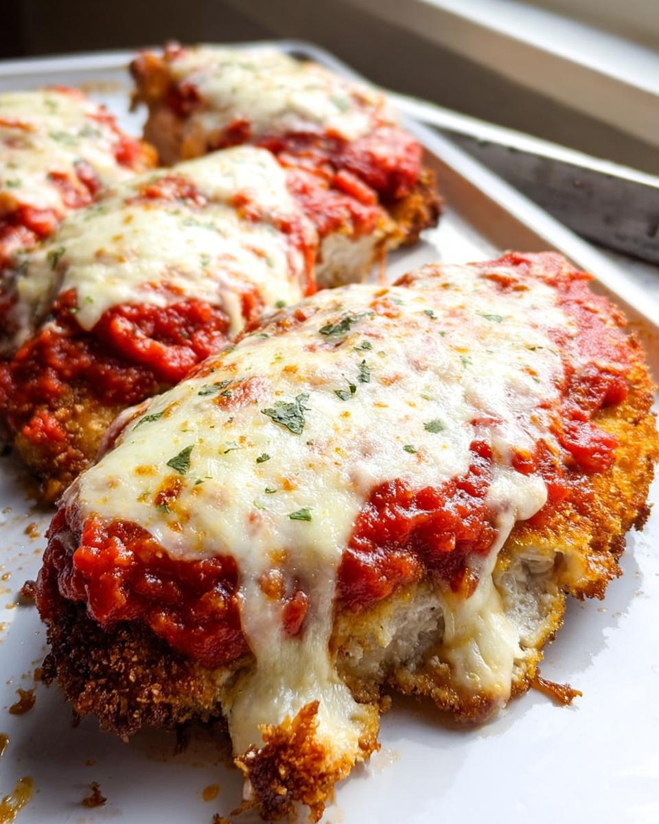 Close-up of crispy Baked Chicken Parmesan with Mozzarella, topped with marinara sauce and melted cheese.
