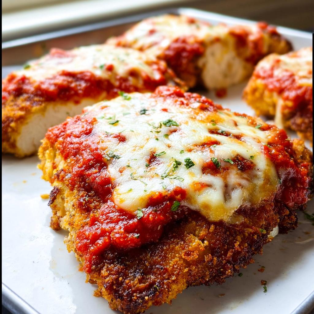 Close-up of a crispy, breaded cutlet topped with marinara sauce and melted mozzarella cheese, ready for Baked Chicken Parmesan with Mozzarella.