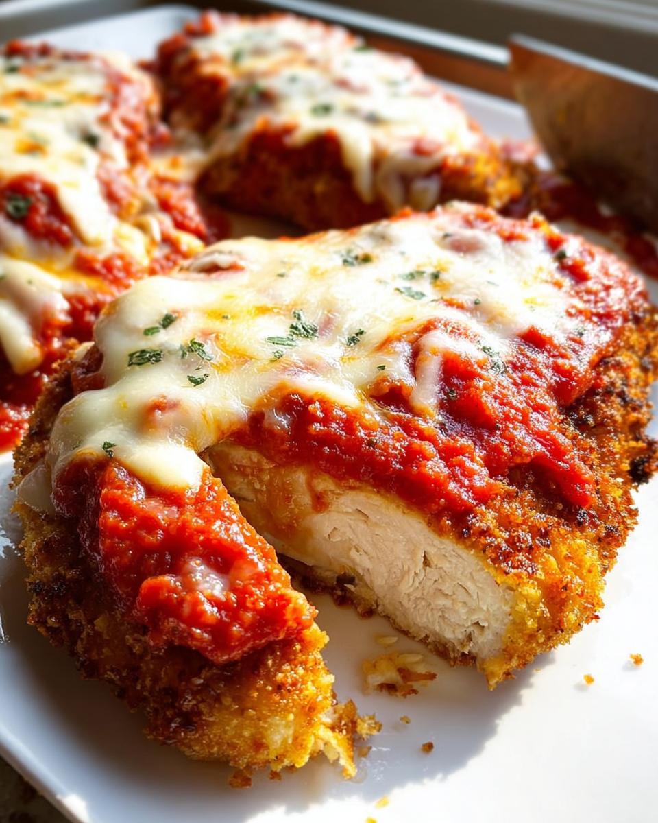 A close-up view of a piece of golden-brown Baked Chicken Parmesan with Mozzarella, cut open to show the white chicken breast inside.