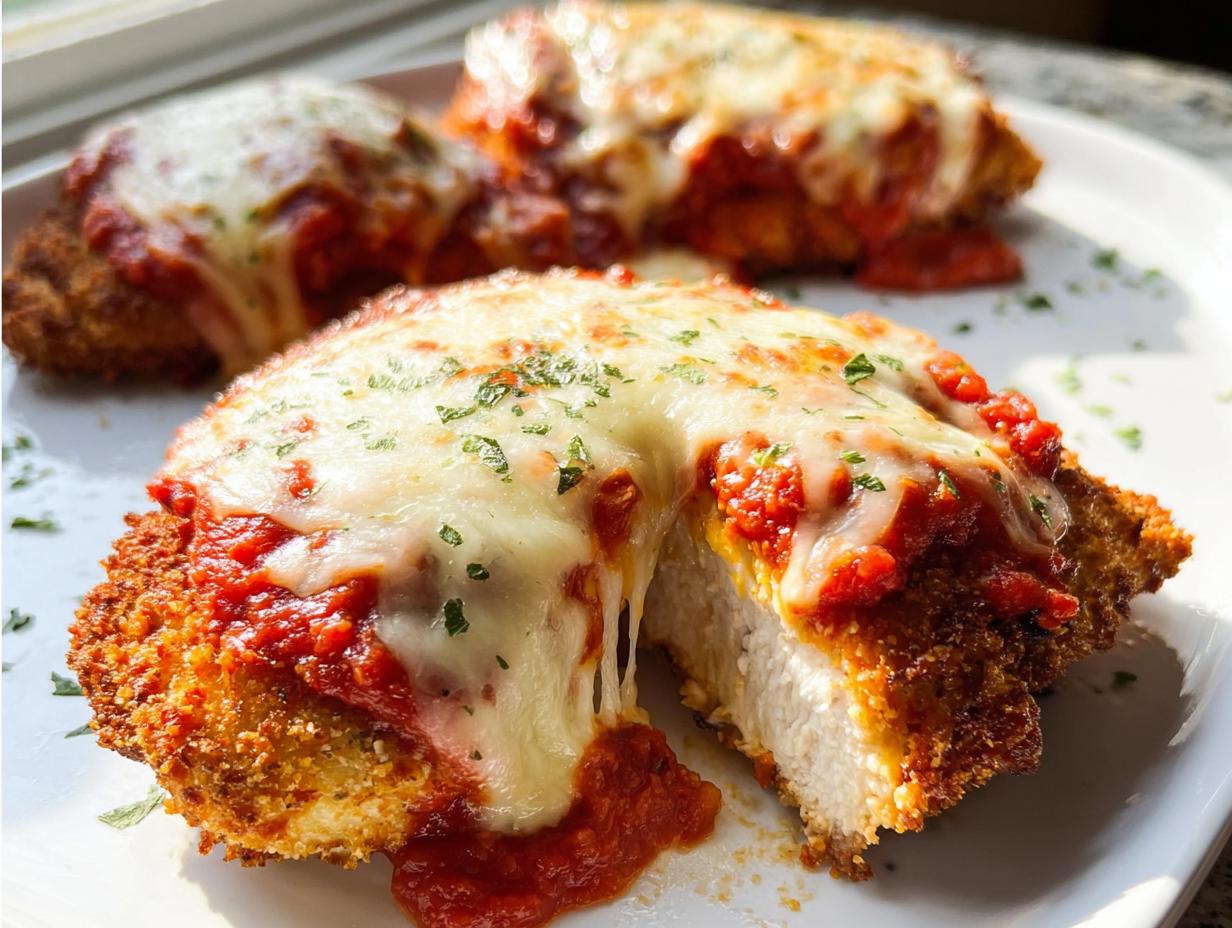 Close-up of Baked Chicken Parmesan with Mozzarella, showing a cross-section of the crispy chicken topped with marinara and melted cheese.