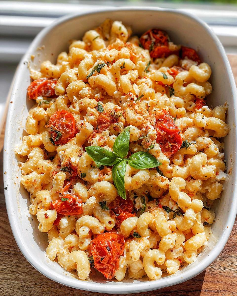 A white dish filled with creamy Baked Feta Tomato Pasta made with cavatappi, roasted cherry tomatoes, and fresh basil.