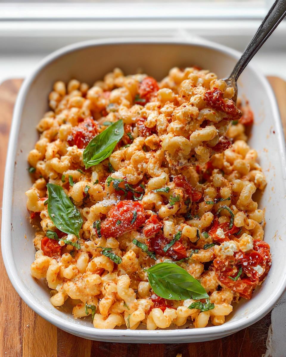 A spoonful of creamy Baked Feta Tomato Pasta mixed with roasted tomatoes and fresh basil leaves.