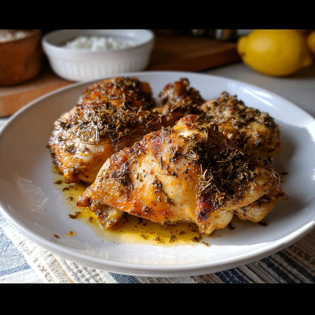 Four pieces of golden brown Baked Greek Lemon Oregano Chicken thighs covered in herbs on a white plate.
