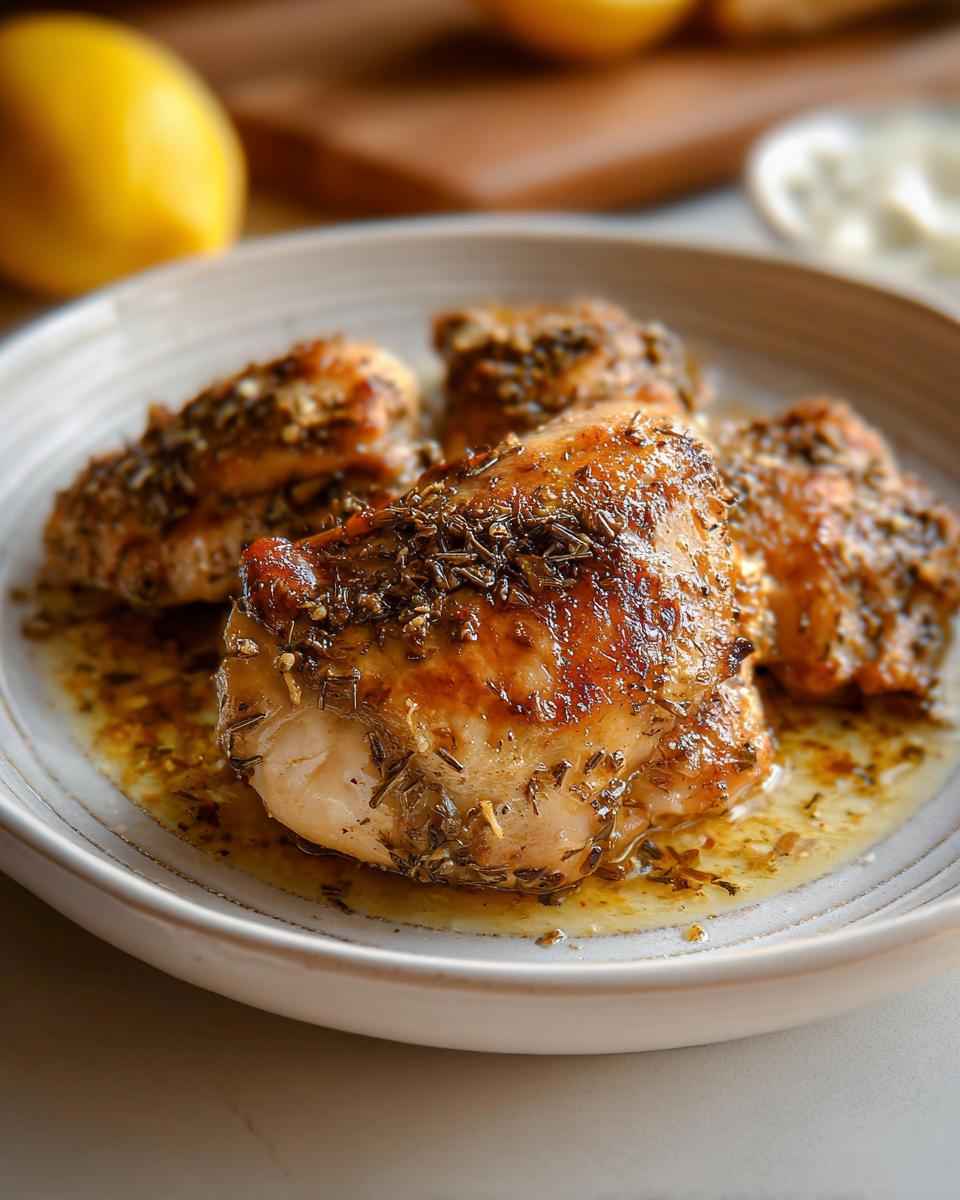 Four pieces of golden-brown Baked Greek Lemon Oregano Chicken thighs coated in herbs, resting in pan juices.