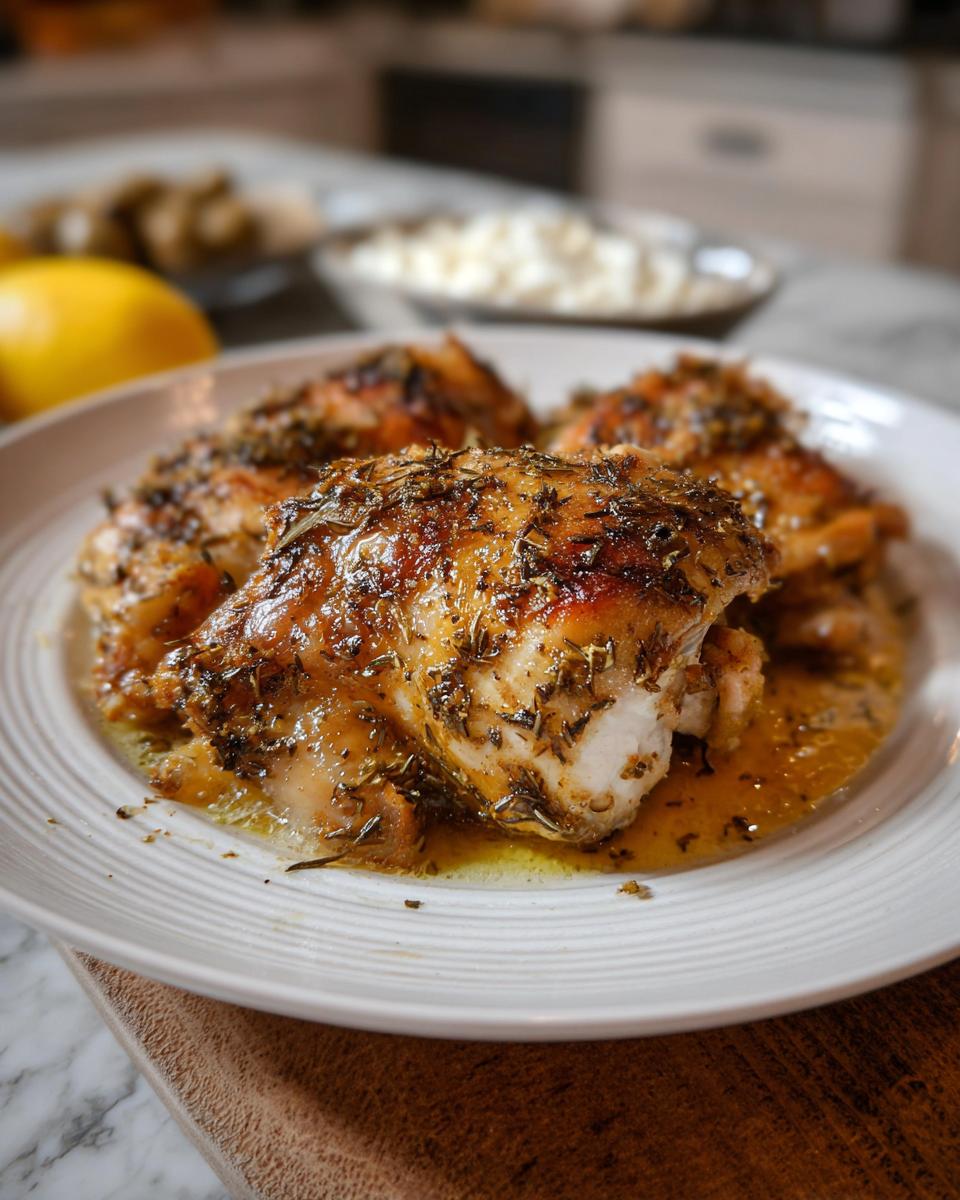 Close-up of juicy Baked Greek Lemon Oregano Chicken thighs seasoned with herbs, resting in pan juices.