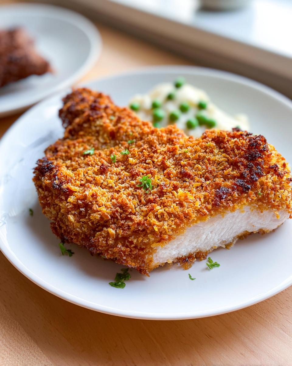 Cross-section of a juicy Baked Panko Crusted Pork Chop showing the crispy golden crust and white interior.