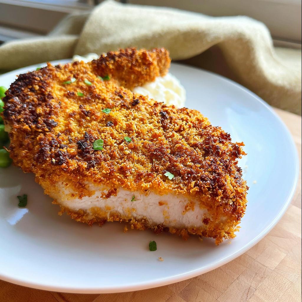 A close-up of a juicy Baked Panko Crusted Pork Chop, showing the crispy golden exterior and white interior.