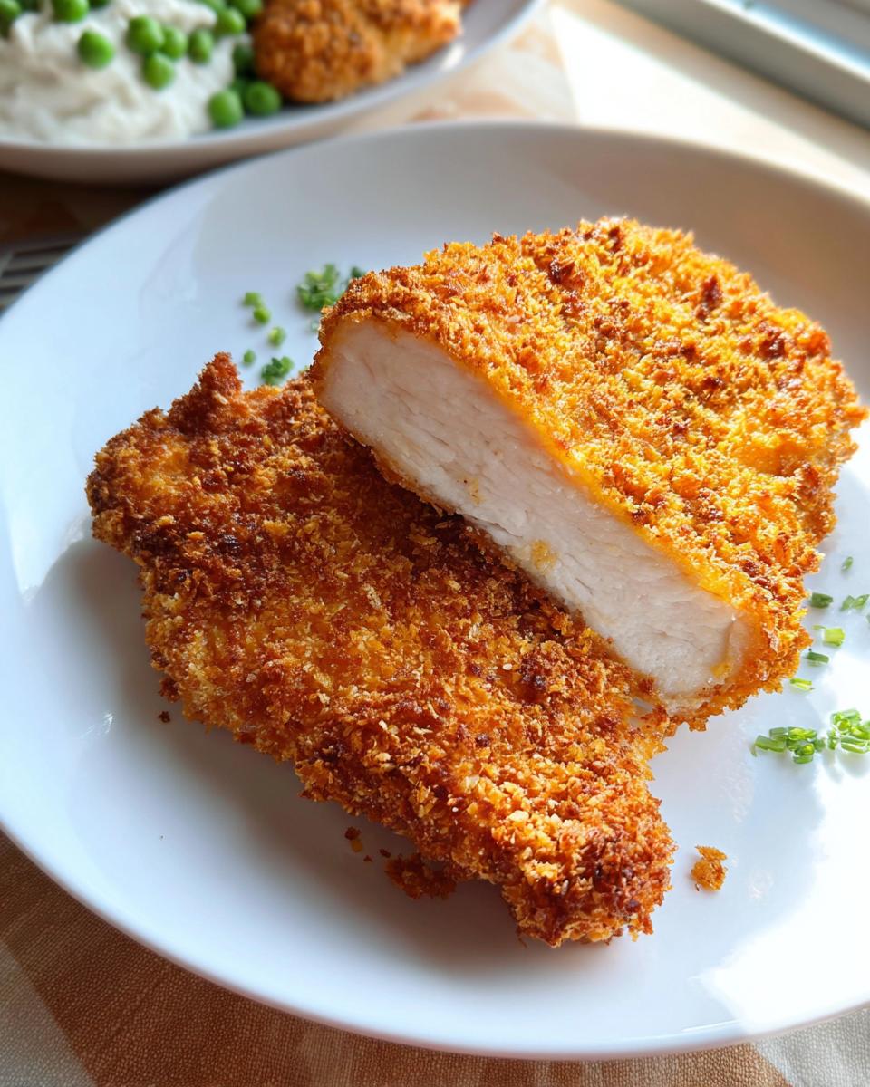 Close-up of a juicy Baked Panko Crusted Pork Chop, cut in half to show the white interior and crispy golden crust.