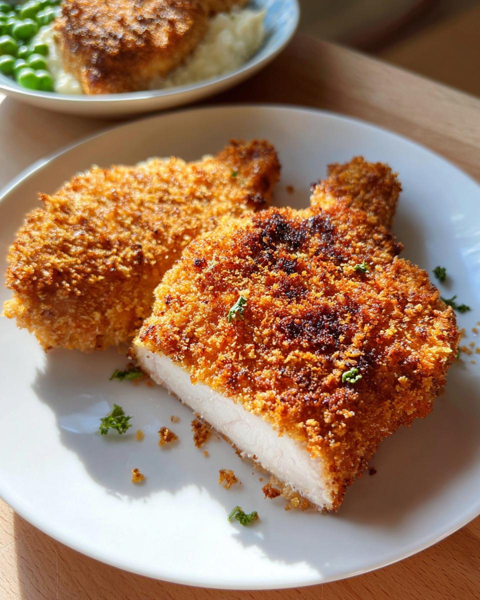 Cross-section of a juicy Baked Panko Crusted Pork Chop showing the white meat and golden brown crust.