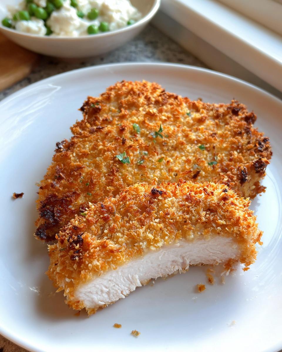 Cross-section of a juicy Baked Panko Crusted Pork Chop showing the white meat and golden brown crust.