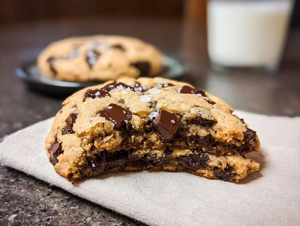 Close-up of a Bakery Style Giant Chocolate Chip Cookie broken in half, showing gooey melted chocolate and sea salt.
