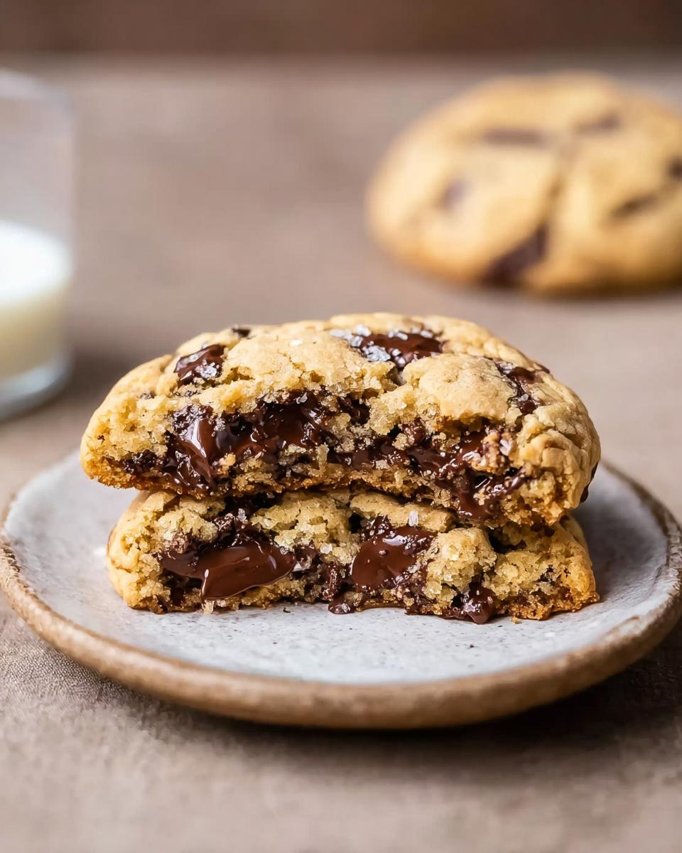 Two halves of a Bakery Style Giant Chocolate Chip Cookie stacked, showing gooey, melted chocolate chips inside.