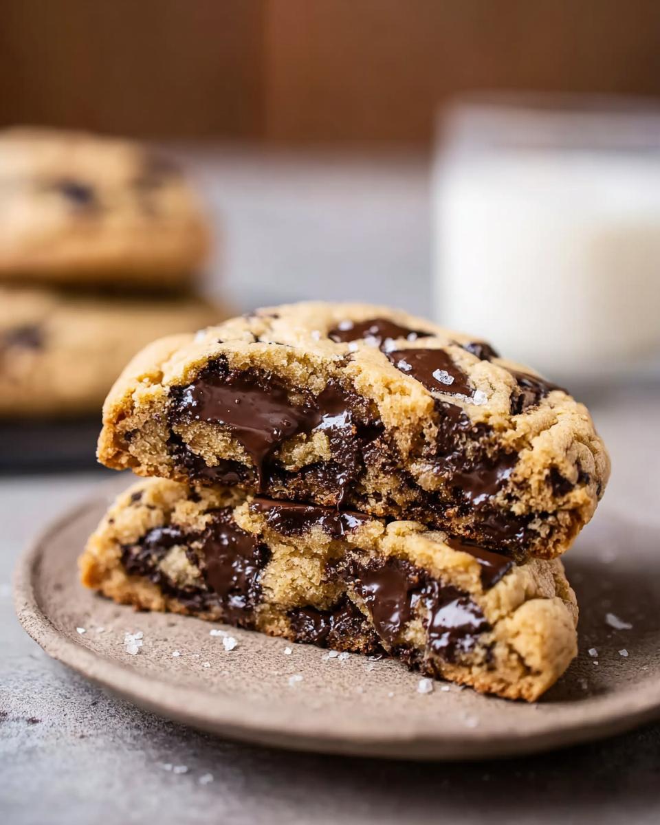 Close-up of Bakery Style Giant Chocolate Chip Cookies cut in half showing gooey melted chocolate centers and sea salt.