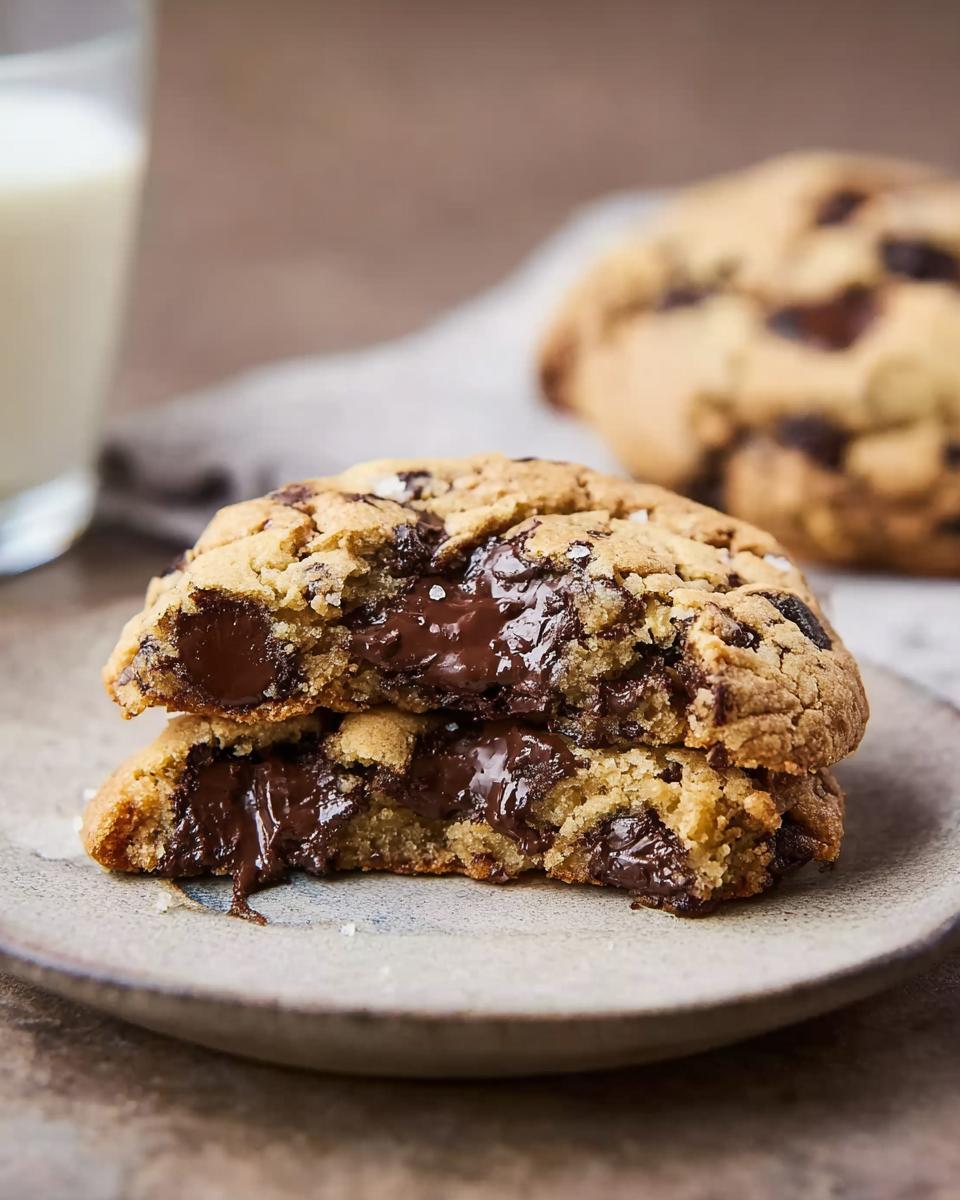 Two halves of a Bakery Style Giant Chocolate Chip Cookie stacked, showing gooey, melted chocolate chips inside.