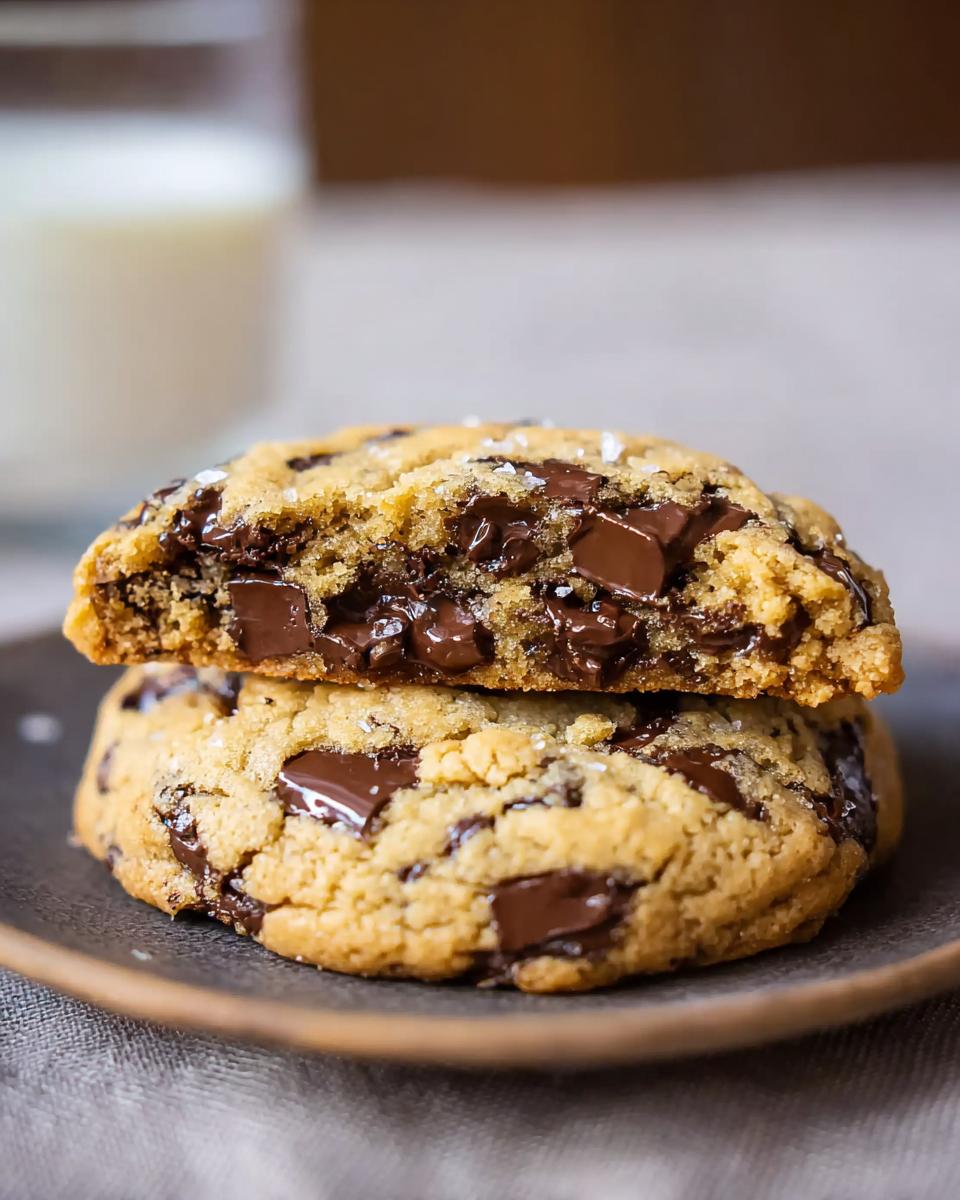 Two Bakery Style Giant Chocolate Chip Cookies stacked, showing a gooey, melted chocolate center.