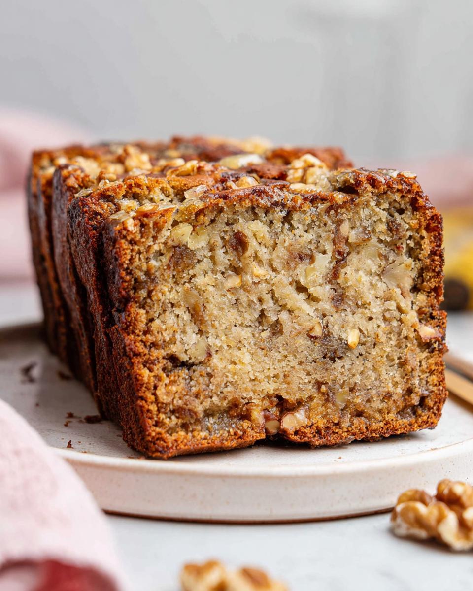 A close-up cross-section of freshly baked Banana Nut Bread with Walnuts showing a moist crumb and crunchy topping.