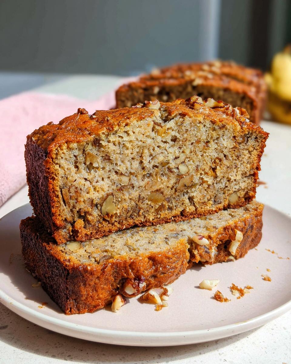 Two thick slices of moist Banana Nut Bread with Walnuts stacked on a light pink plate.
