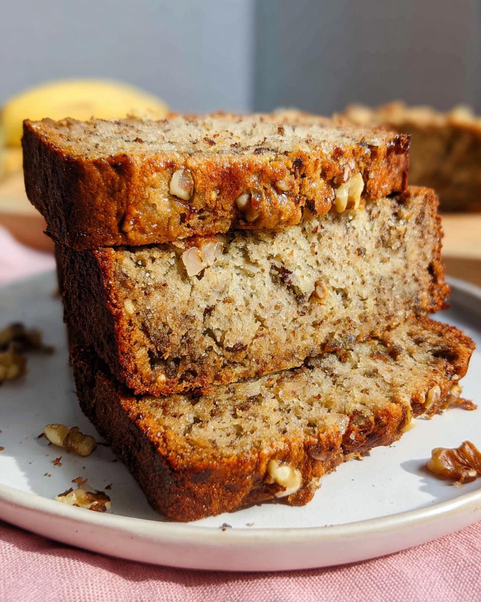 Three thick slices of moist Banana Nut Bread with Walnuts stacked on a white plate.
