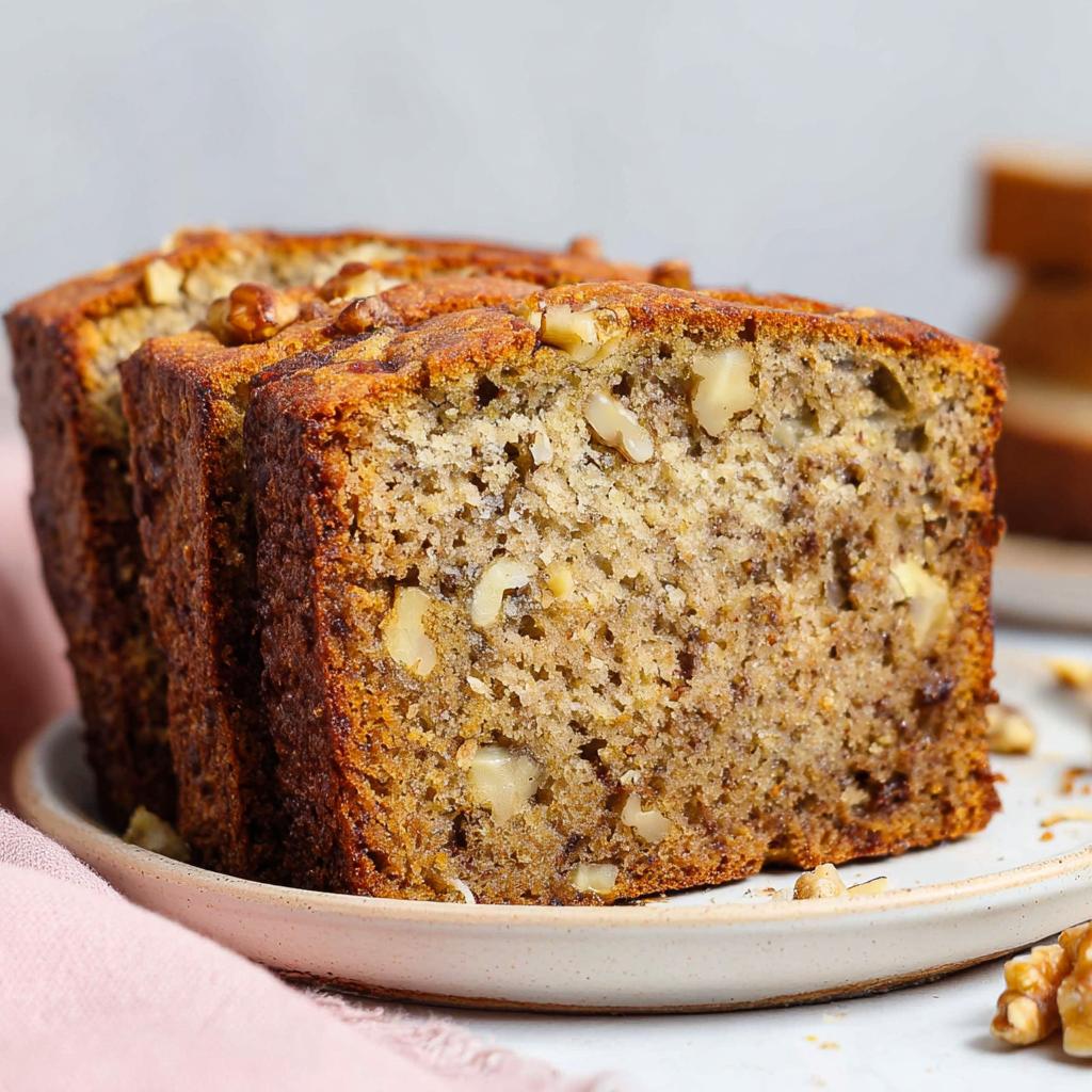 Close-up of three thick slices of moist Banana Nut Bread with Walnuts stacked on a small plate.