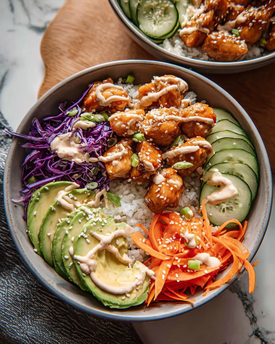 Close-up of a vibrant Bang Bang Chicken Bowl featuring crispy chicken, avocado, carrots, cabbage, and cucumber over rice.