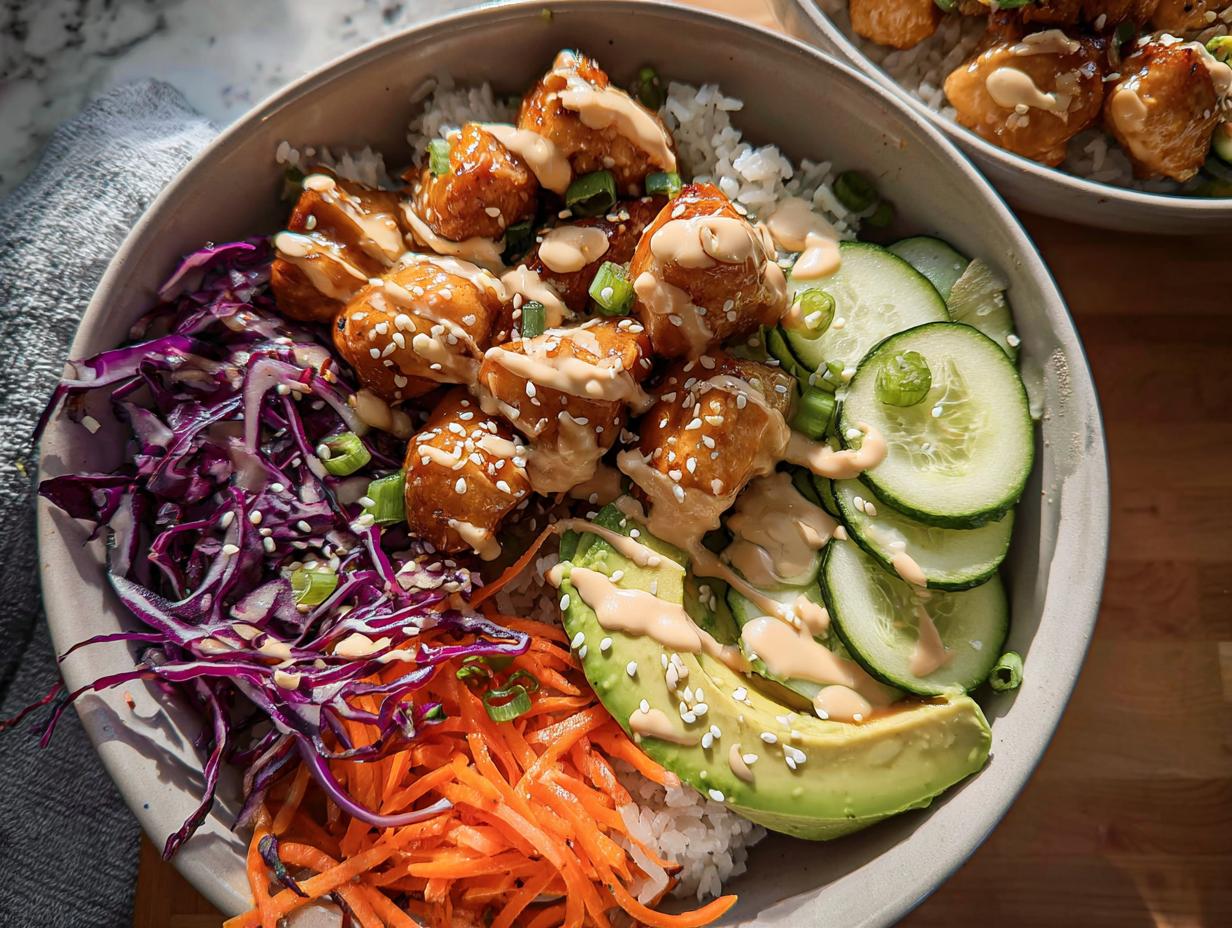 Close-up of a vibrant Bang Bang Chicken Bowl featuring crispy chicken drizzled with sauce, avocado, cucumber, and shredded carrots over rice.
