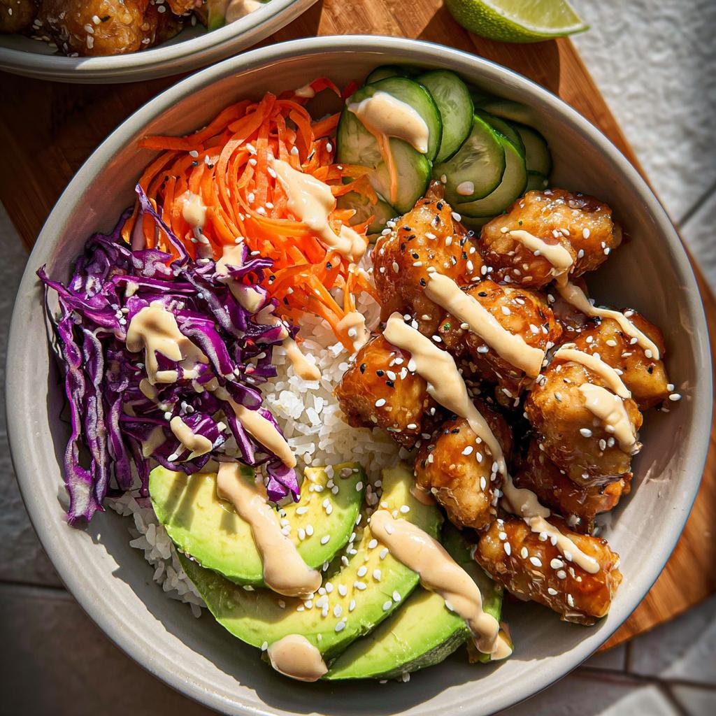 A vibrant Bang Bang Chicken Bowl featuring crispy chicken, rice, avocado, shredded carrots, red cabbage, and a creamy drizzle.