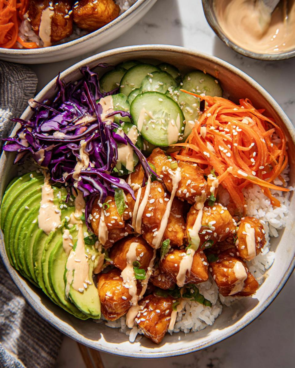 Overhead view of a delicious Bang Bang Chicken Bowl featuring crispy chicken, rice, avocado, cucumber, carrots, and a creamy sauce drizzle.
