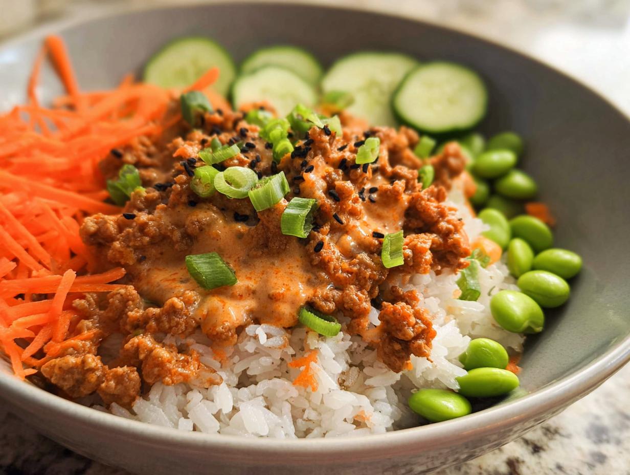 A close-up of Bang Bang Ground Turkey Rice Bowls featuring seasoned turkey, white rice, shredded carrots, edamame, and cucumber slices.