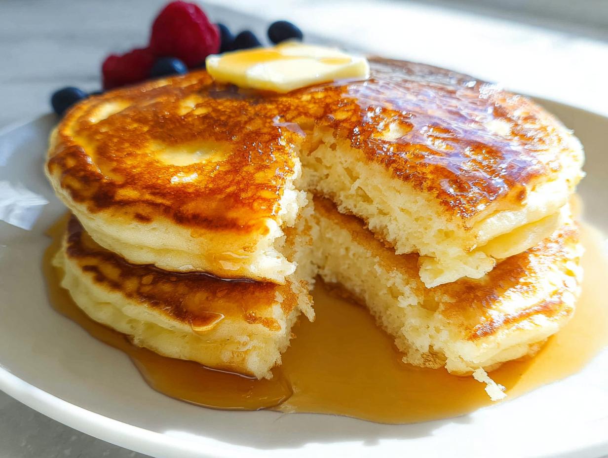 Close-up of fluffy homemade pancakes stacked, cut open to show texture, topped with butter and syrup, with berries on the side.