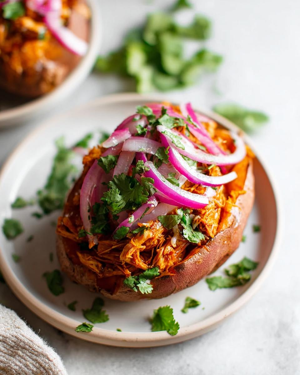 A close-up of a BBQ chicken stuffed sweet potato topped with bright pink pickled red onions and fresh cilantro.