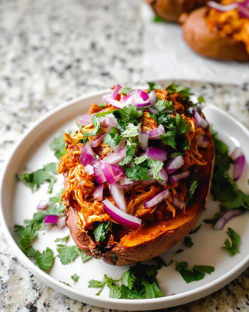 A close-up of one BBQ Chicken Stuffed Sweet Potatoes, generously filled with shredded chicken and topped with diced red onion and cilantro.