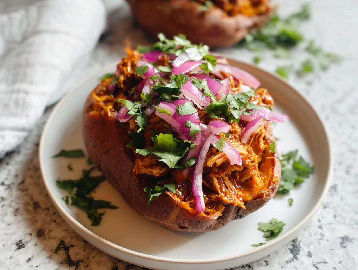A close-up of a BBQ Chicken Stuffed Sweet Potato topped generously with sliced red onions and fresh cilantro.