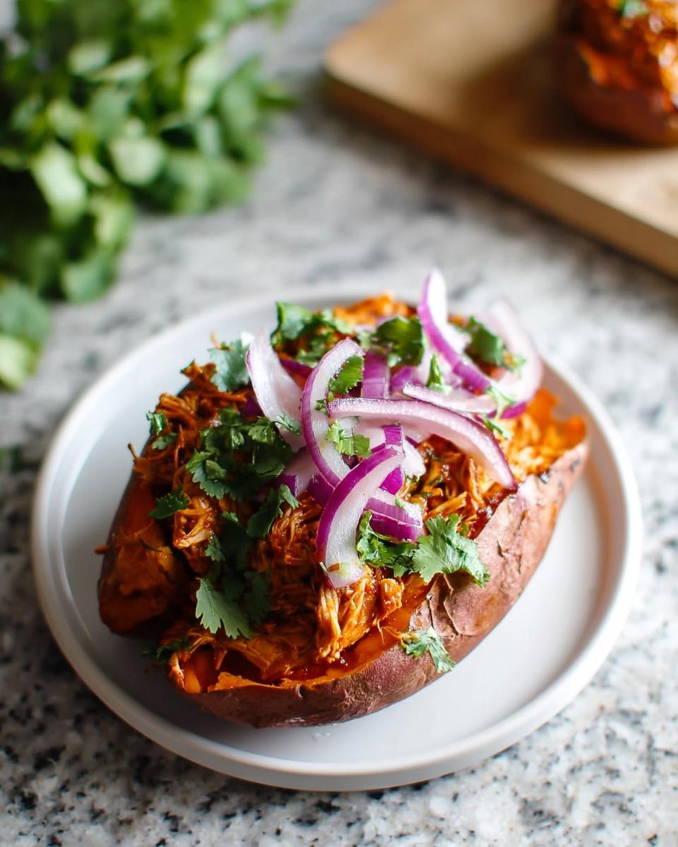 A close-up of BBQ Chicken Stuffed Sweet Potatoes topped with sliced red onion and fresh cilantro.