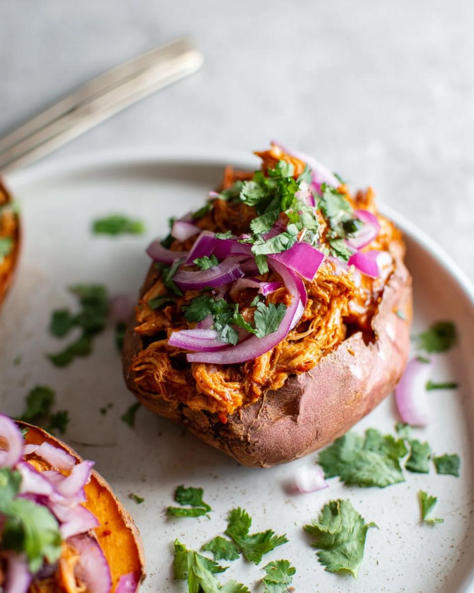 A close-up of a BBQ chicken stuffed sweet potatoes topped with bright red onion slices and fresh cilantro.