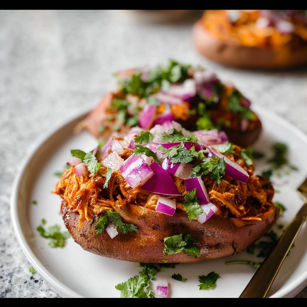 Close-up of BBQ Chicken Stuffed Sweet Potatoes topped with diced red onion and cilantro.