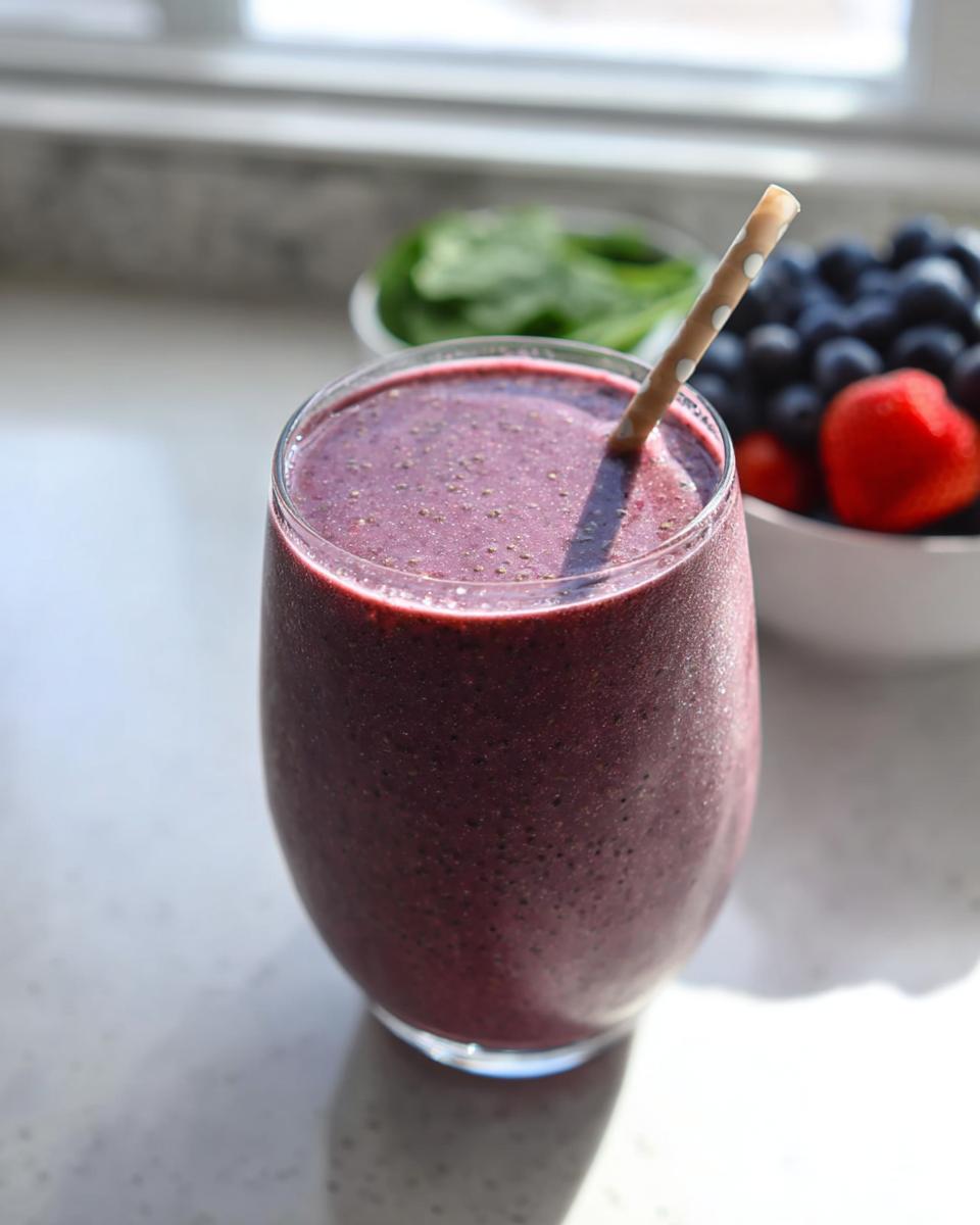 A thick, dark purple berry smoothie in a glass with a straw, ready for one of the Best High-Protein Smoothies for Weight Loss.