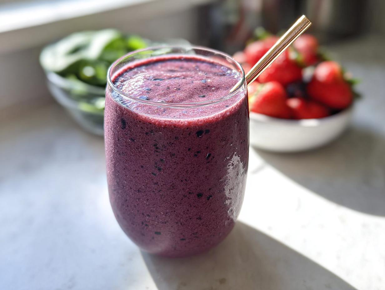 A thick, purple berry smoothie in a glass with a gold straw, featuring strawberries and spinach in the background.