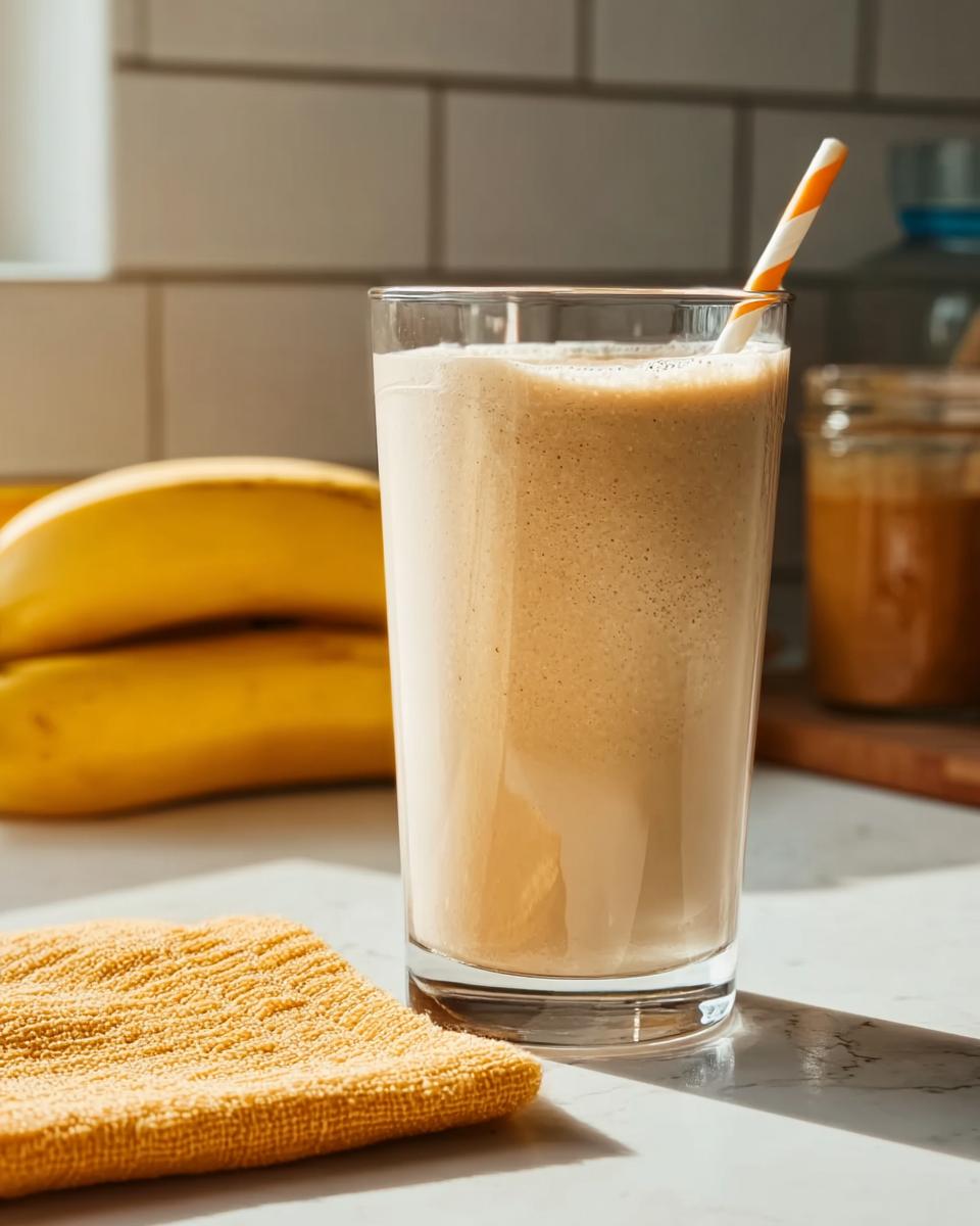 A tall glass filled with a creamy, light brown banana smoothie, ready to drink.