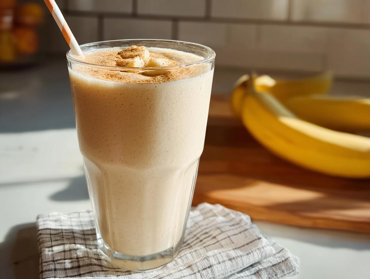 A tall glass of creamy Best Banana Smoothie Recipes, topped with cinnamon and banana slices.